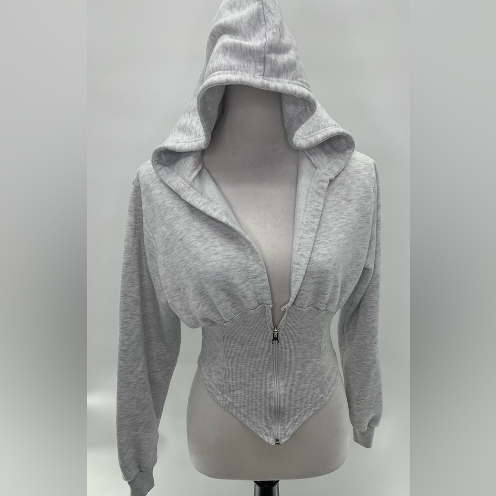 Boohoo Grey Solid Hooded Corset Hoodie Sweater Sz 6